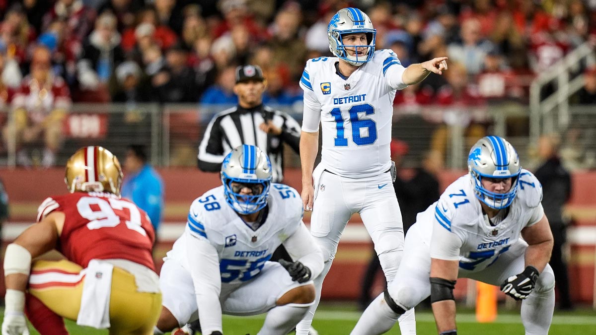 Detroit Lions quarterback Jared Goff (16) talks to teammates before a snap against San Francisco 49ers during the first half at Levi's Stadium in Santa Clara, Calif. on Monday, Dec. 30, 2024.