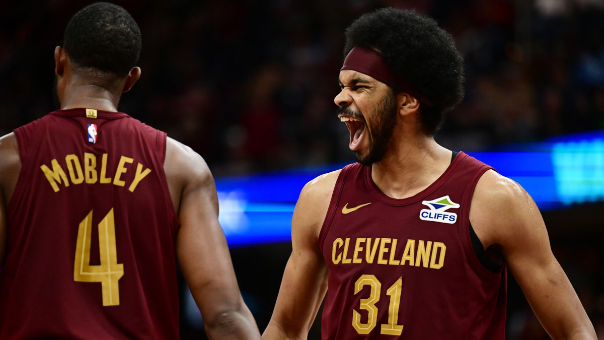 Cleveland Cavaliers center Jarrett Allen (31) and forward Evan Mobley (4) celebrate during the second half against the Milwaukee Bucks at Rockets Mortgage Fieldhouse.