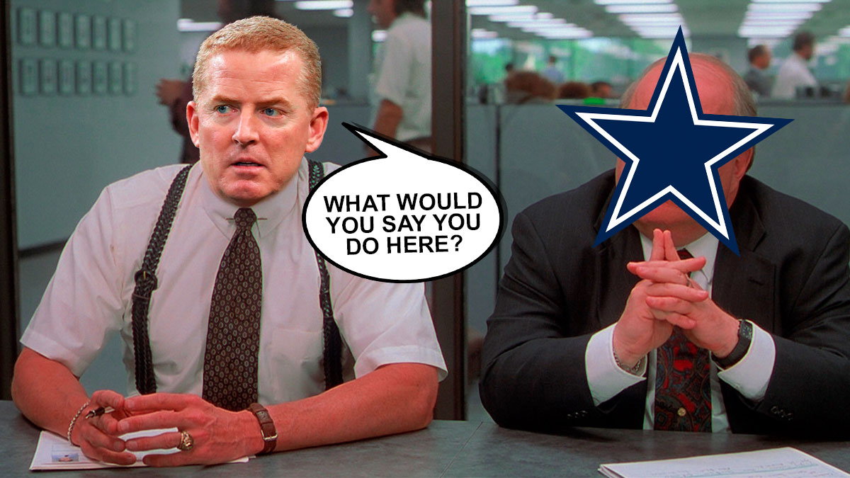 Ex-Cowboys HC Jason Garrett saying "What would you say you do here?" while looking at a non-pictured Jerry Jones. Next to Garrett is a Dallas Cowboys logo.