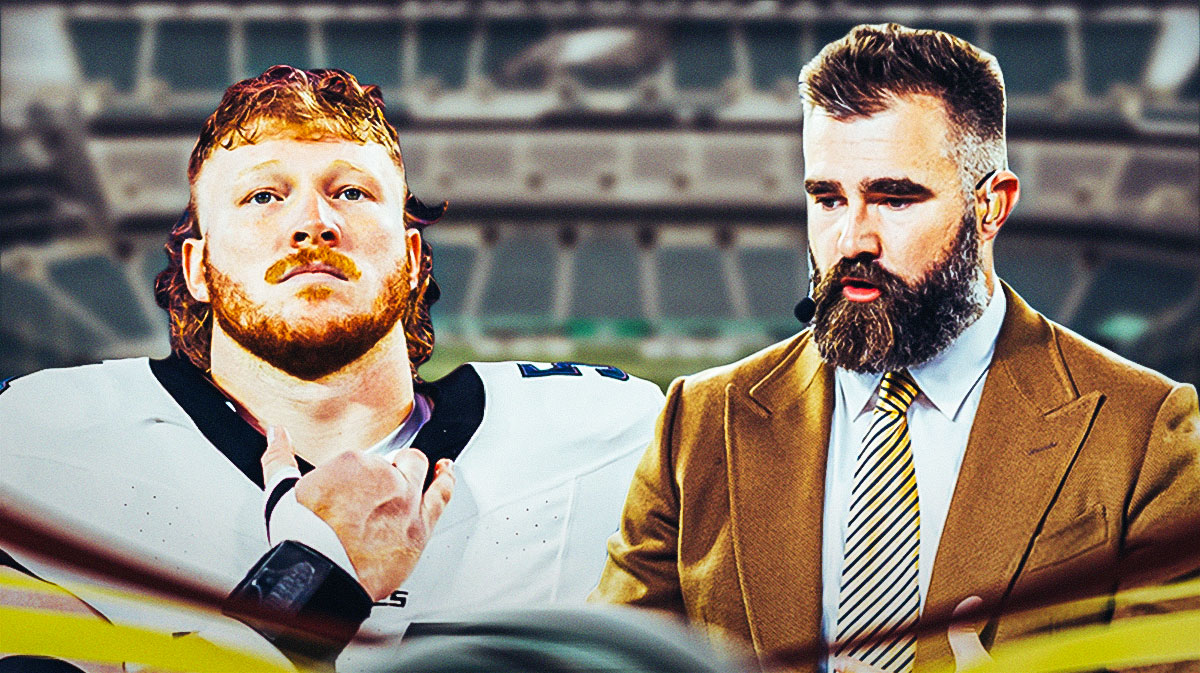 Philadelphia Eagles star Cam Jurgens and Jason Kelce in front of Lincoln Financial Field.