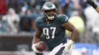 Philadelphia Eagles defensive tackle Javon Hargrave (97) reacts after a fumble recovery against the Jacksonville Jaguars at Lincoln Financial Field.