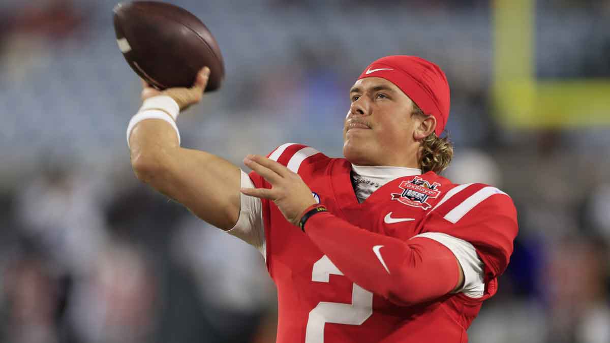 Steelers draft prospect Mississippi Rebels quarterback Jaxson Dart (2) warms up before the TaxSlayer Gator Bowl Thursday, Jan. 2, 2025 at EverBank Stadium in Jacksonville, Fla.