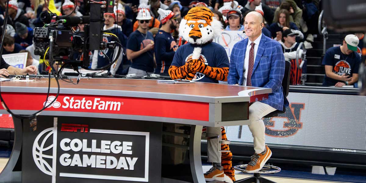Auburn mascot, Aubie, joins analyst Jay Bilas during ESPN GameDay at Neville Arena in Auburn, Ala., on Saturday, Jan. 25, 2025.