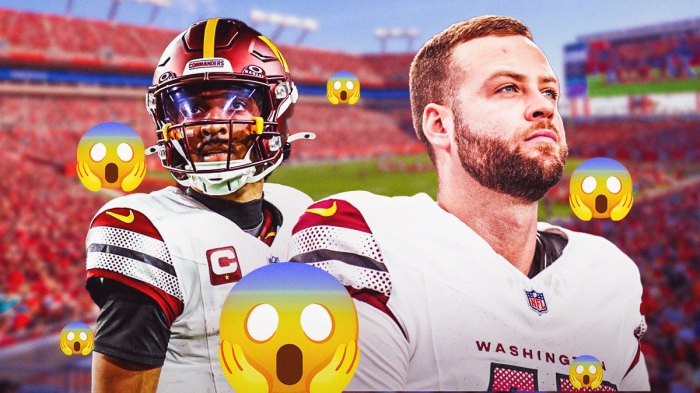 Jayden Daniels, Zane Gonzalez in white Commanders uniforms. Shocked emojis all over. Raymond James Stadium in background.