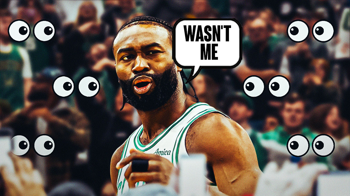 Jaylen Brown on one side with a speech bubble that says "Wasn't me" a bunch of Boston Celtics fans on the other side with the big eyes emoji around them