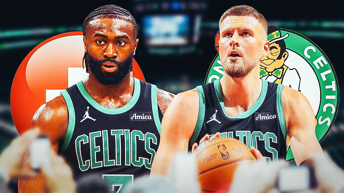 Celtics All-Star Jaylen Brown next to Celtics center Kristaps Porzingis with the Celtics and Timberwolves logos next to them and the health symbol in the background