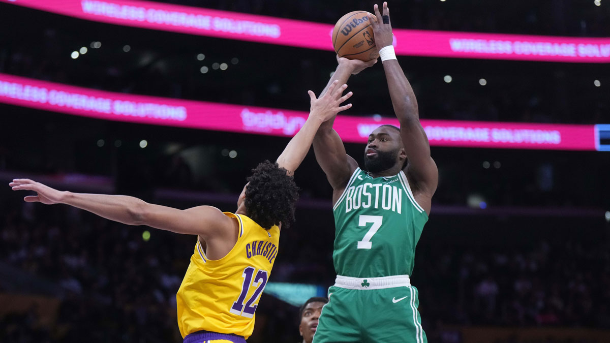 Boston Celtics guard Jaylen Brown (7) shoots the ball against Los Angeles Lakers guard Max Christie (12) in the first half at Krypto.com Arena. 