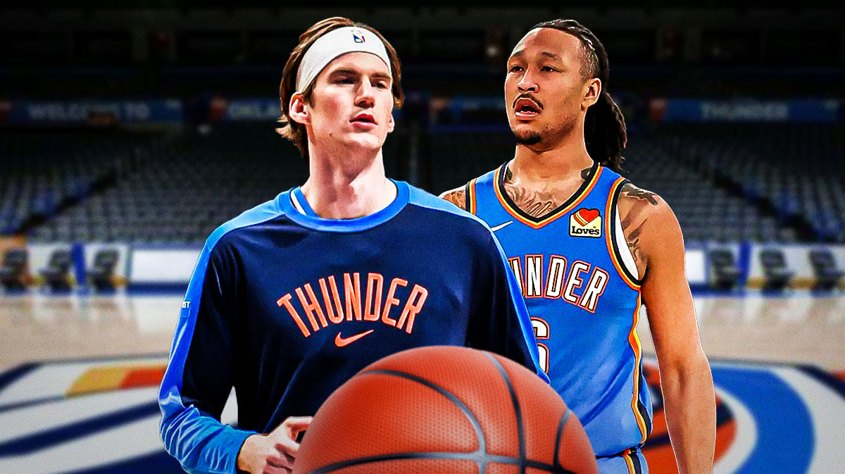 Thunder center Jaylin Williams next to Thunder center Branden Carlson and the Thunder logo in the background