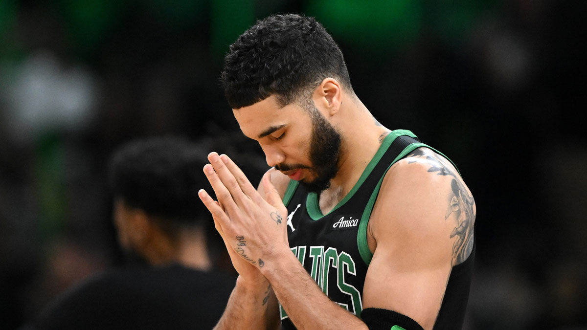 Boston Celtics forward Jayson Tatum (0) reacts after missing a shot against the Atlanta Hawks during the third quarter at TD Garden.