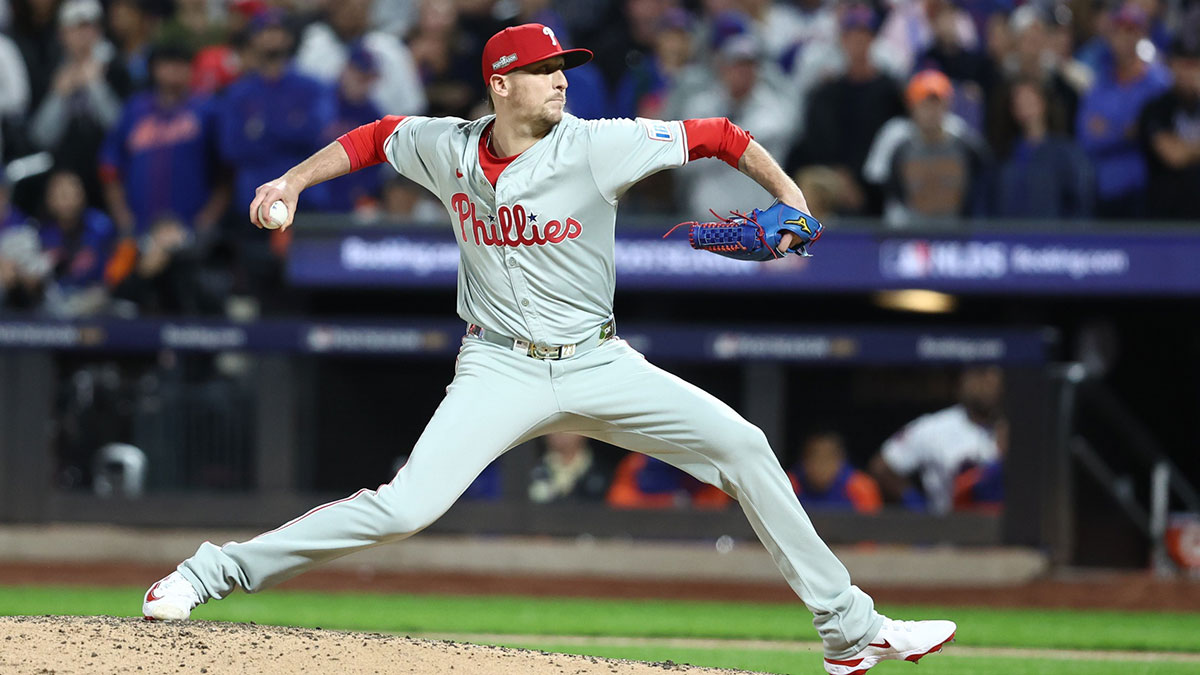 Philadelphia Phillies pitcher Jeff Hoffman (23) throws a pitch in the fifth inning against the New York Mets in game four of the NLDS for the 2024 MLB Playoffs at Citi Field.