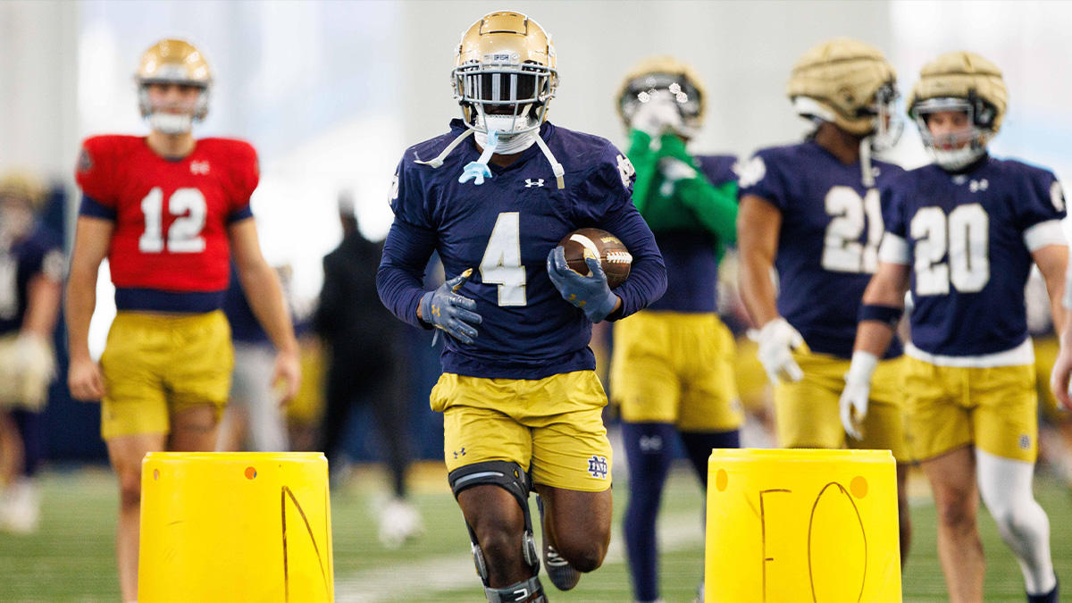 Notre Dame running back Jeremiyah Love (4) participates in a drill during a Notre Dame football practice at Irish Athletic Center on Sunday, Jan. 5, 2025, in South Bend.