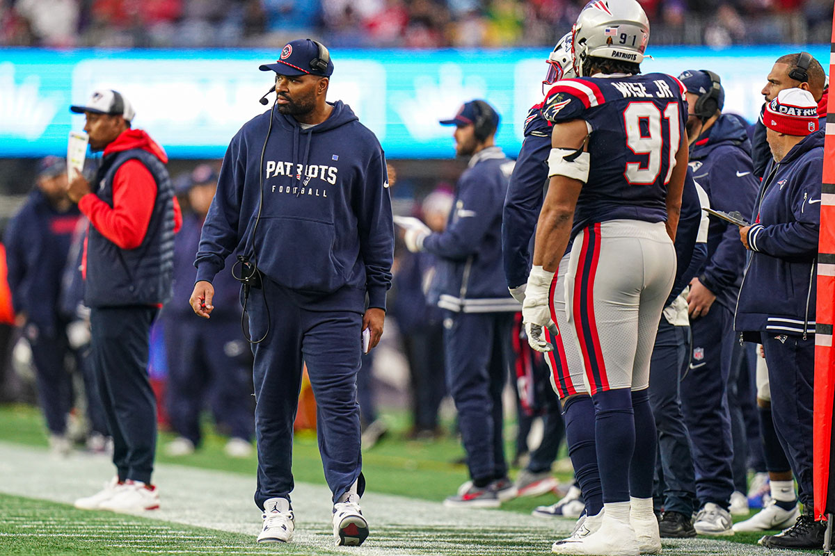 New England Patriots head coach Jerod Mayo watches from the sideline as they take on the Los Angeles Chargers at Gillette Stadium.