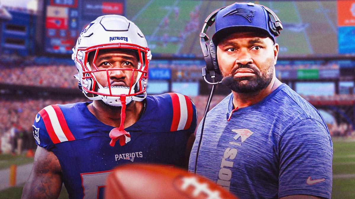 Yannick Ngakoue next to Jerod Mayo in front of the Patriots stadium