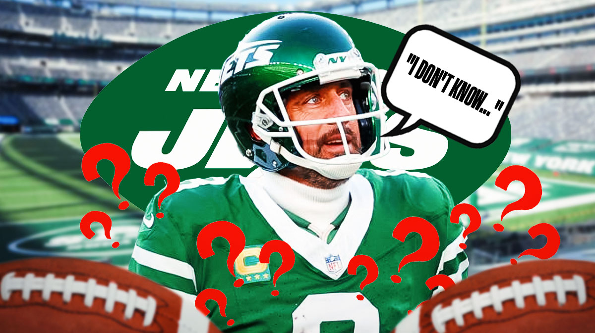 New York Jets QB Aaron Rodgers with a speech bubble that says "I don't know..." He is surrounded by question mark emojis. There is also a logo for the New York Jets.