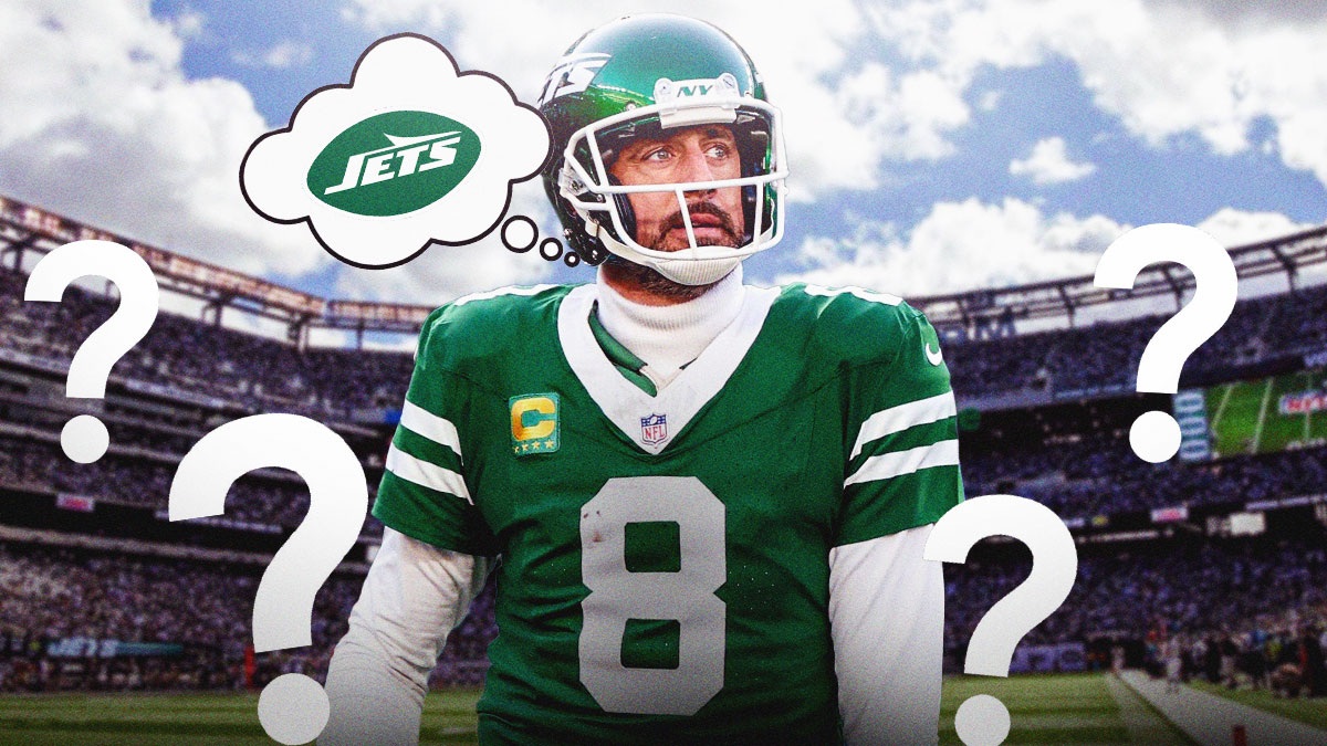 Aaron Rodgers in a New York Jets jersey with a thought bubble that has the New York Jets logo inside of it and question marks around him