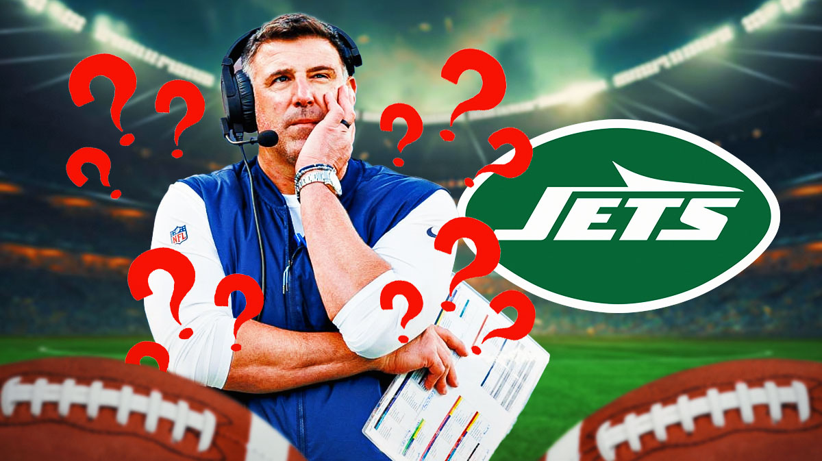 Former Titans head coach Mike Vrabel surrounded by question mark emojis. There is also a logo for the New York Jets.