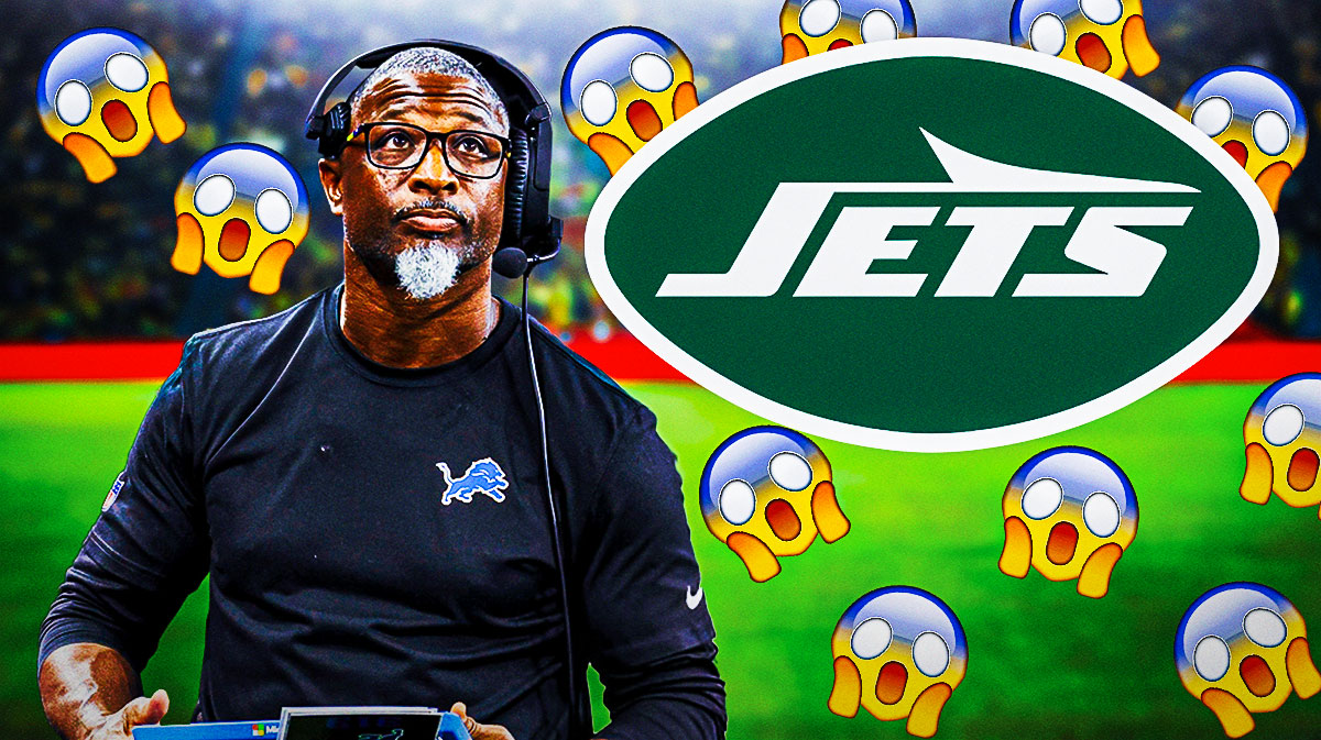 Aaron Glenn on one side, the New York Jets logo on the other side, a bunch of the shocked emojis in the background