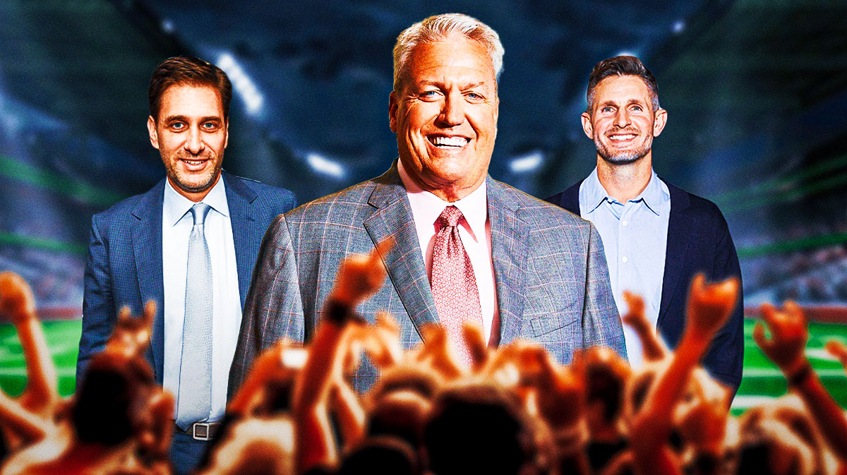 Rex Ryan front and center. ESPN's Mike Greenberg behind him to left. Dan Orlovsky behind him to right