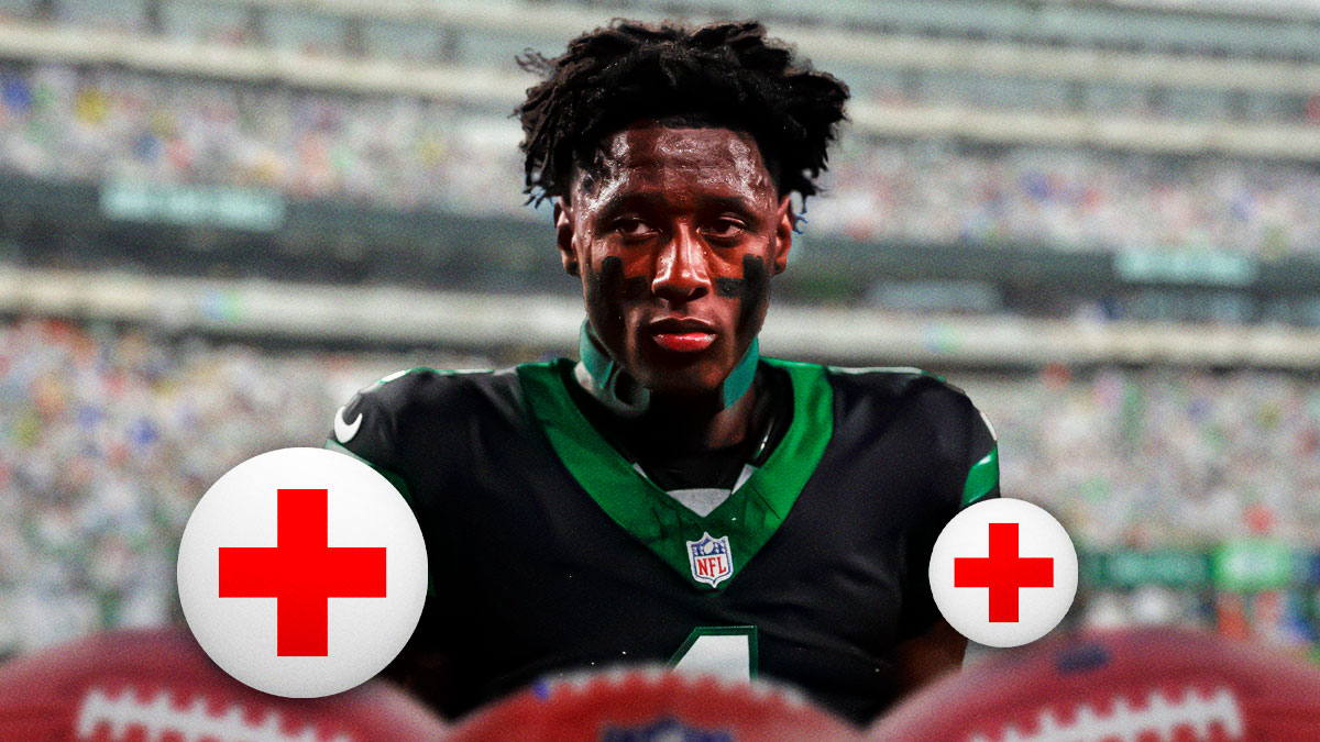 Sauce Gardner in a New York Jets uniform with a red and white first aid symbol as Gardner's injury will force him to miss Week 18 against the Dolphins, which could be aaron rodgers last game.