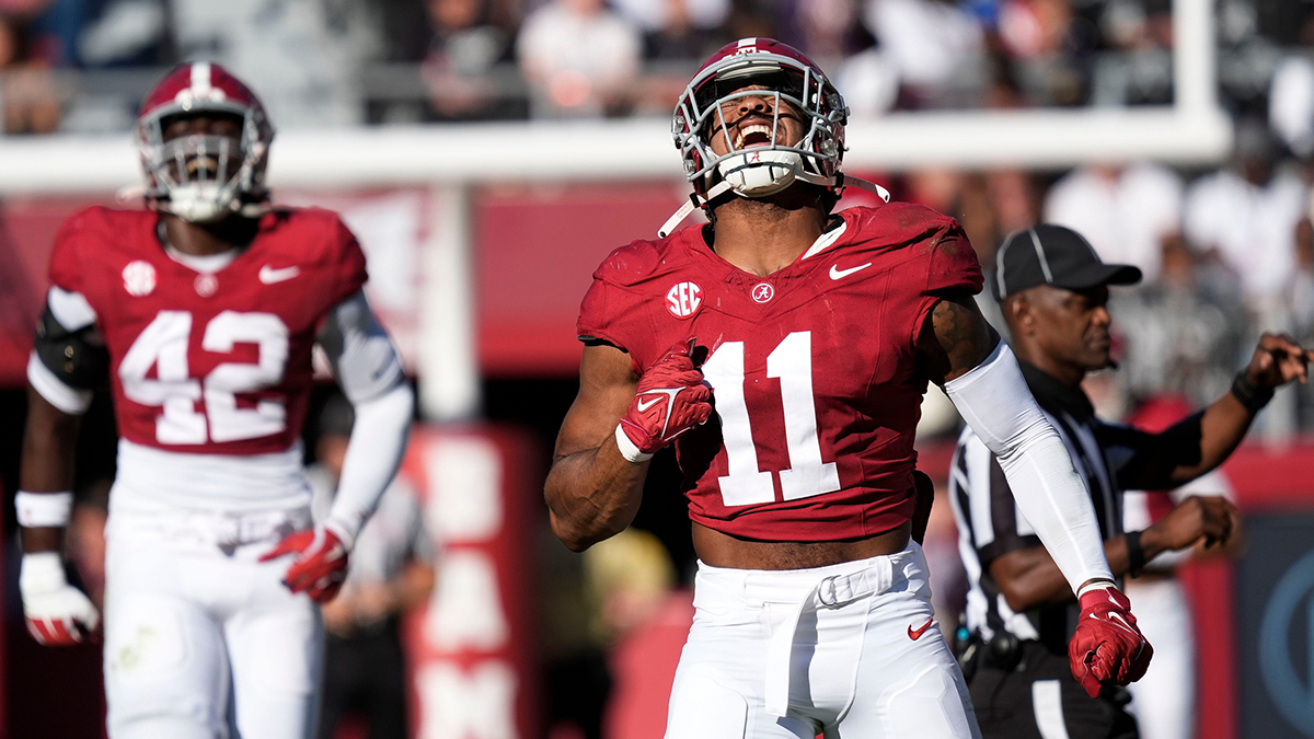 Alabama Crimson Tide linebacker Jihaad Campbell (11) celebrates after sacking Mercer quarterback Whitt Newbauer (8) at Bryant-Denny Stadium.