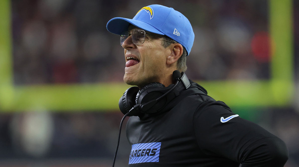 Los Angeles Chargers coach Jim Harbaugh looks on during the third quarter against the Houston Texans in the AFC wild card game at NRG Stadium.