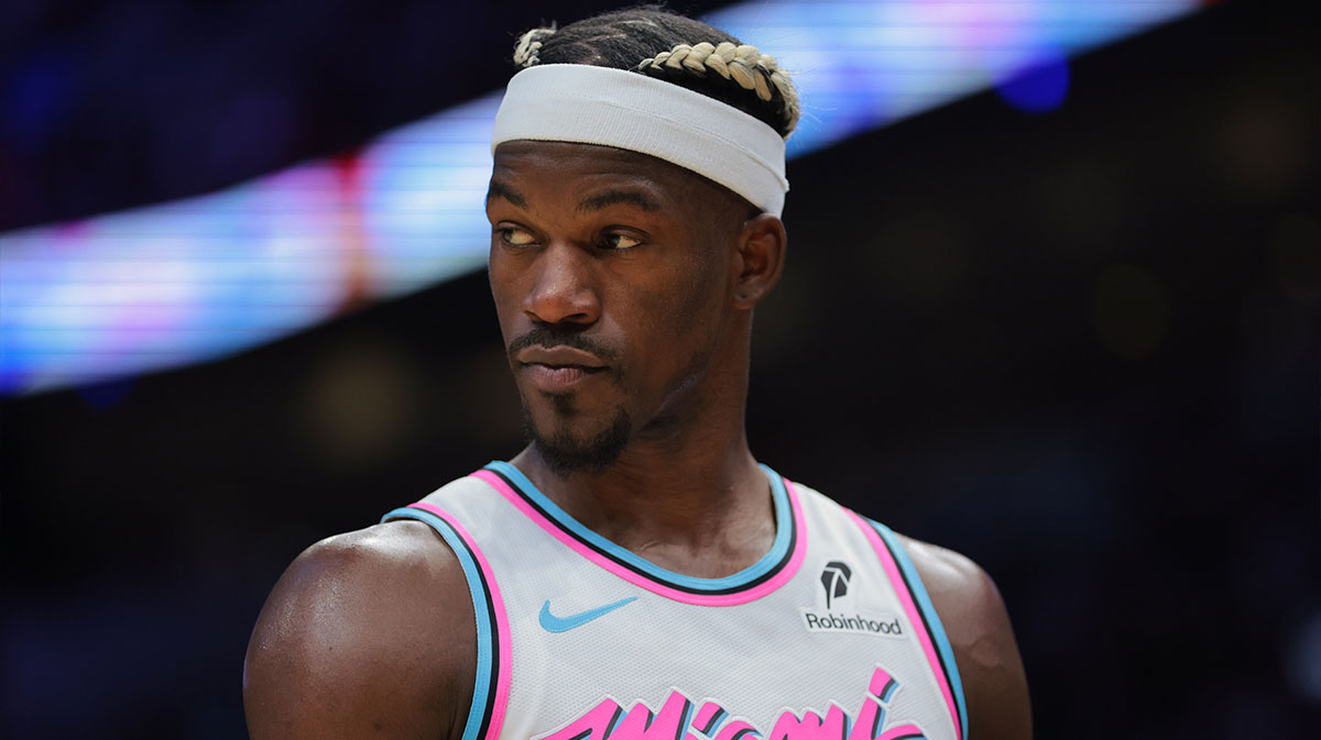 Miami Heat forward Jimmy Butler (22) looks on against the Denver Nuggets during the third quarter at Cassia Center.