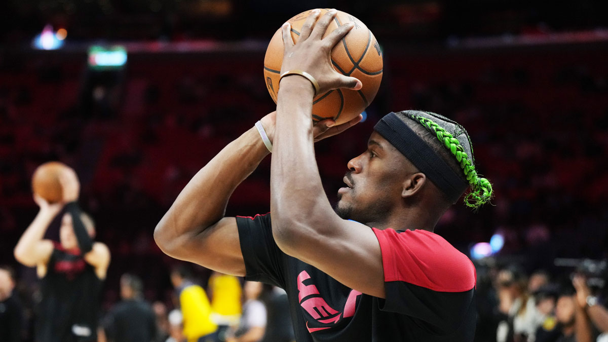 Miami Heat forward Jimmy Butler (22) warms-up before the game against the Indiana Pacers at Kaseya Center.