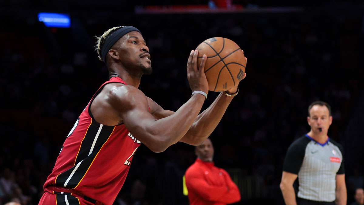 Miami heat forward Jimmy Butler (22) shoots at basketball against Blazers Portland Trail Blazer during the first quarter in Kashi Center. 