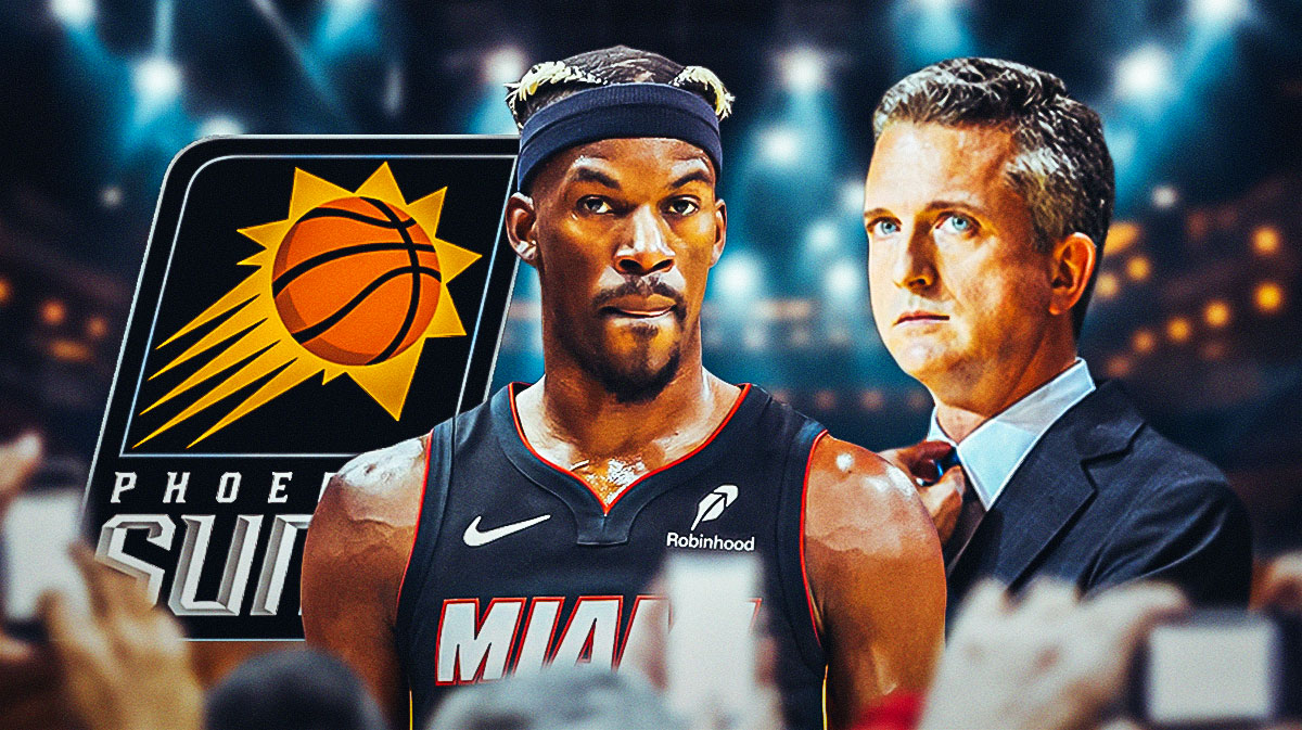 Jimmy Butler in the middle next to Bill Simmons and the Phoenix Suns logo in front of Footprint Center.