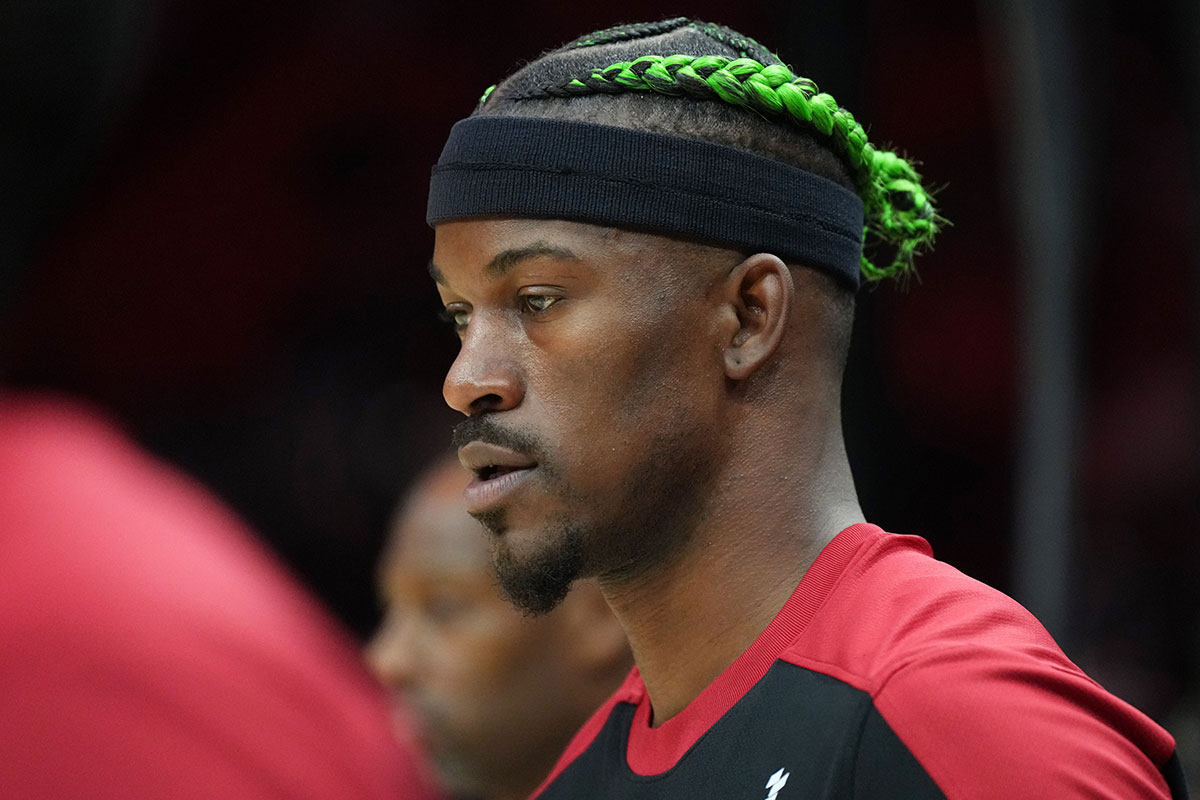 Miami Heat forward Jimmy Butler (22) warms up before the game against the Indiana Pacers at Casey Center