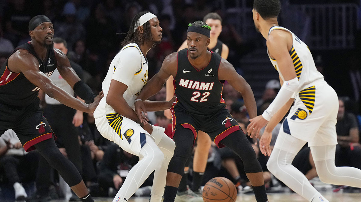 Indiana Pacers center Myles Turner (33) defends Miami Heat forward Jimmy Butler (22) during the second half at Cassia Center.