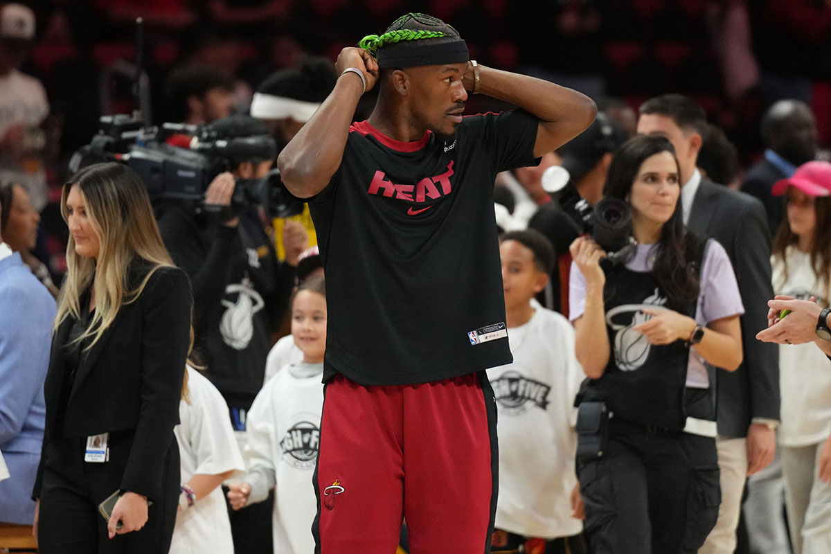 Miami Heat forward Jimmy Butler (22) prepares to warm up before the game against the Indiana Pacers at the Casey Center.