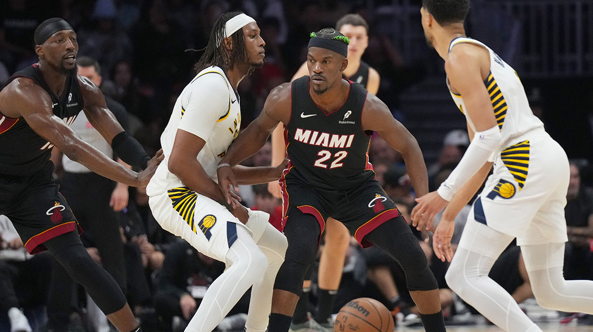 Indiana Pacers center Myles Turner (33) defends Miami Heat forward Jimmy Butler (22) during the second half at Cassia Center.