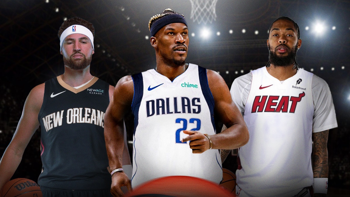 Jimmy Butler in Mavericks uniform, Brandon Ingram in Heat uniform, Klay Thompson in Pelicans uniform