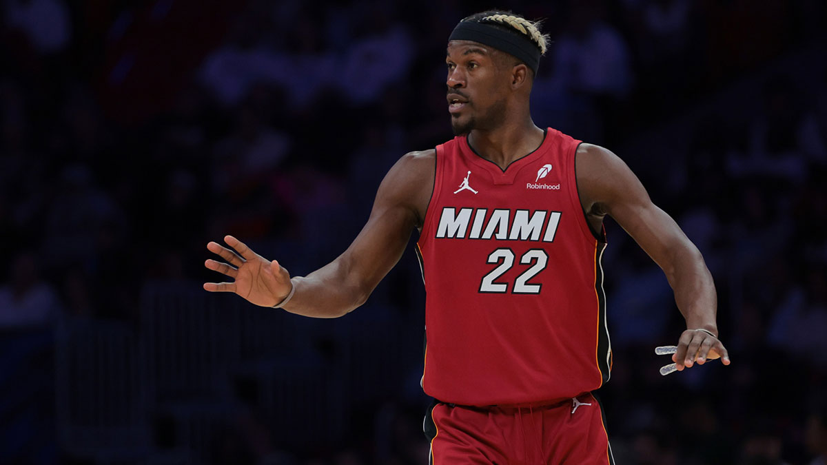 Miami Heat forward Jimmy Butler (22) reacts against the Portland Trail Blazers during the third quarter at Kaseya Center.