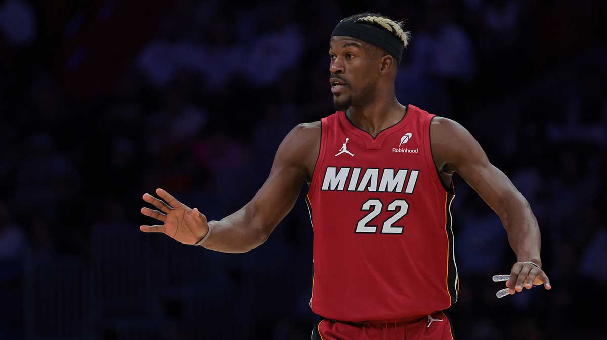     Attack Miami Hit Jimmy Batler (22) reacts against Portland Traille Bleysers during the third quarter in Kashi Center.