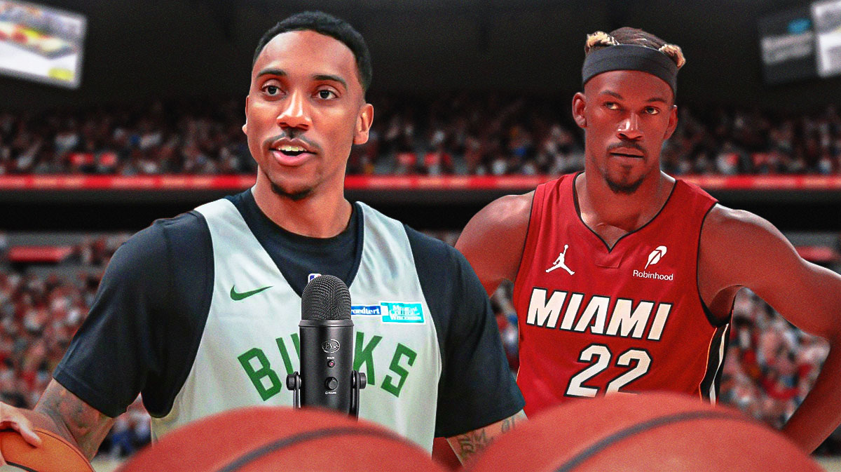 Jeff Teague talks into podcast microphone, Jimmy Butler looks at him