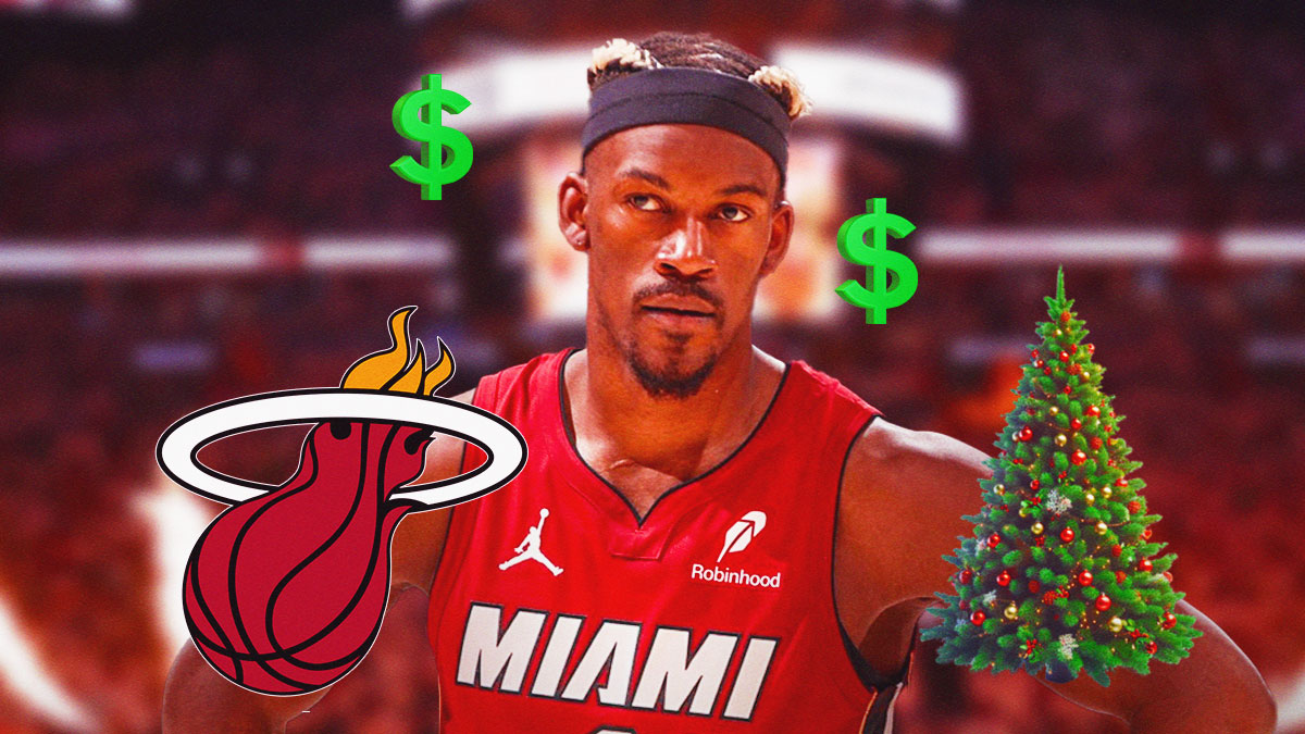 Jimmy Butler, Miami Heat logo, christmas tree and money symbols surrounding Butler