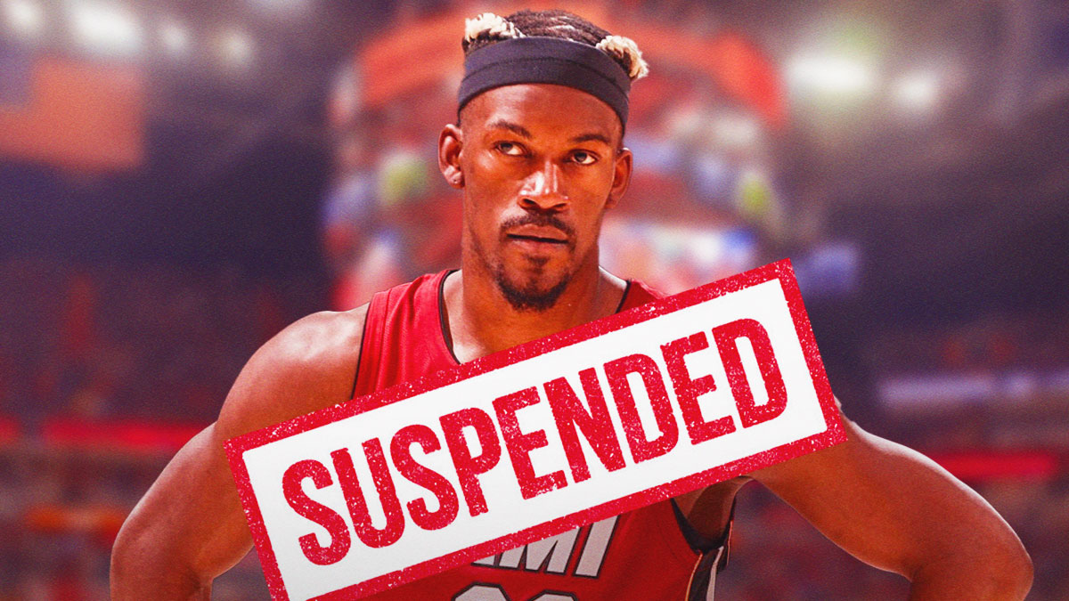 Heat forward Jimmy Butler with a stamp mark that says "Suspended" across Butler