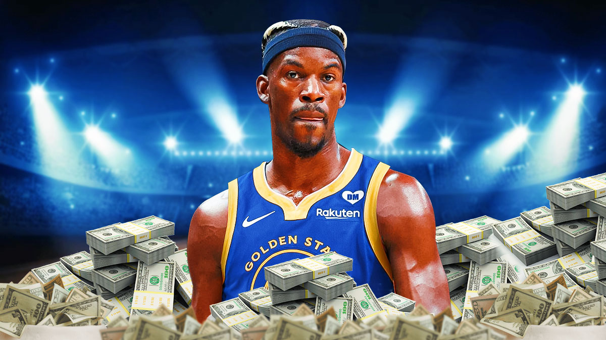 Jimmy Butler surrounded by piles of cash.
