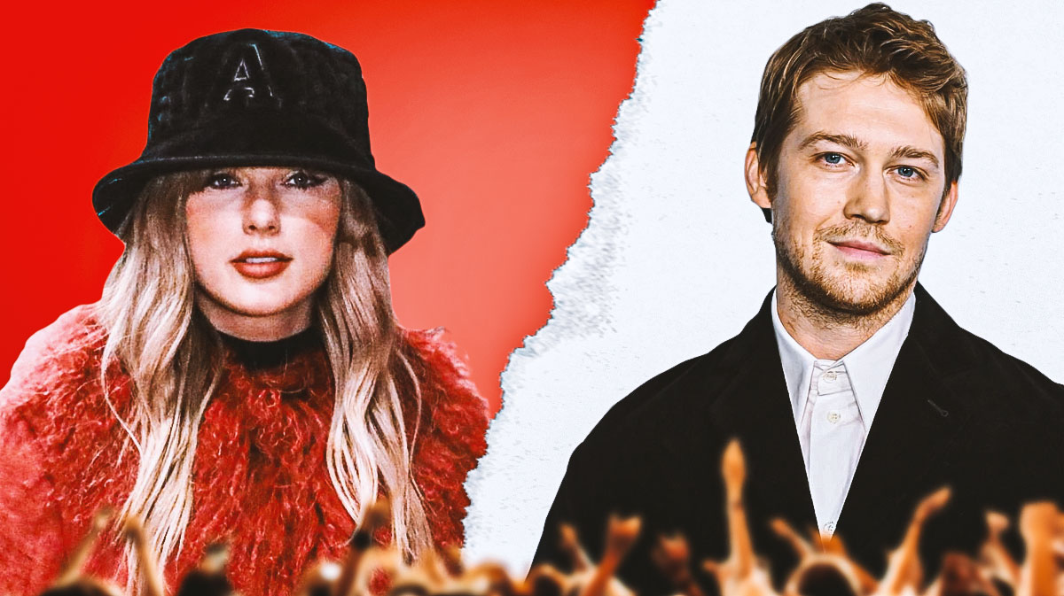 Taylor Swift and her ex-boyfriend Joe Alwyn with a page tear between them.