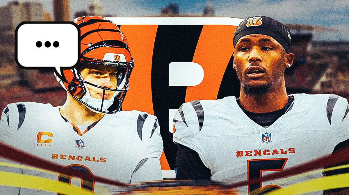 Cincinnati Bengals QB Joe Burrow with a speech bubble that has the three dots emoji inside. He is next to Bengals WR Tee Higgins. There is also a logo for the Cincinnati Bengals.