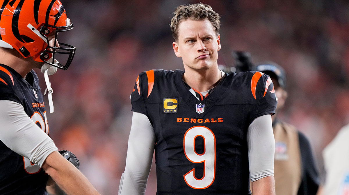 Cincinnati Bengals quarterback Joe Burrow (9) celebrates after the game-winning touchdown pass to Tee Higgins in overtime of the NFL Week 17 game between the Cincinnati Bengals and the Denver Broncos at Paycor Stadium in downtown Cincinnati on Saturday, Dec. 28, 2024. The Bengals took a 30-24 win in overtime to remain in the post season chase.