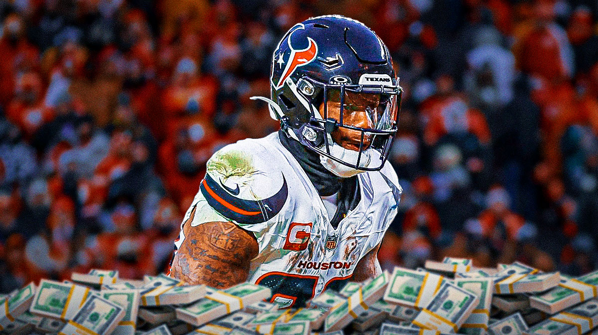 Joe Mixon in a Texans jersey with money floating around the picture.