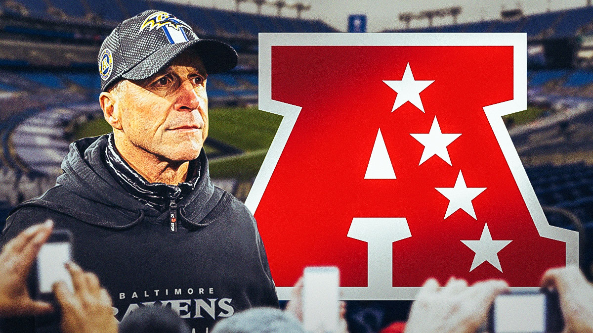 John Harbaugh in Ravens gear next to AFC North logo.