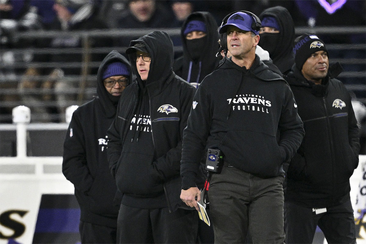 Dec 21, 2024; Baltimore, Maryland, USA; against the Baltimore Ravens head coach John Harbaugh looks onto the field during the second half against the Pittsburgh Steelers at M&T Bank Stadium.