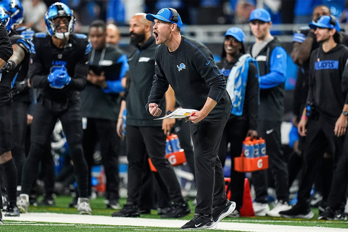 Detroit Lions offensive coordinator Ben Johnson celebrates against the Minnesota Vikings during the second half at Ford Field in Detroit, Sunday, Jan. 5, 2025.