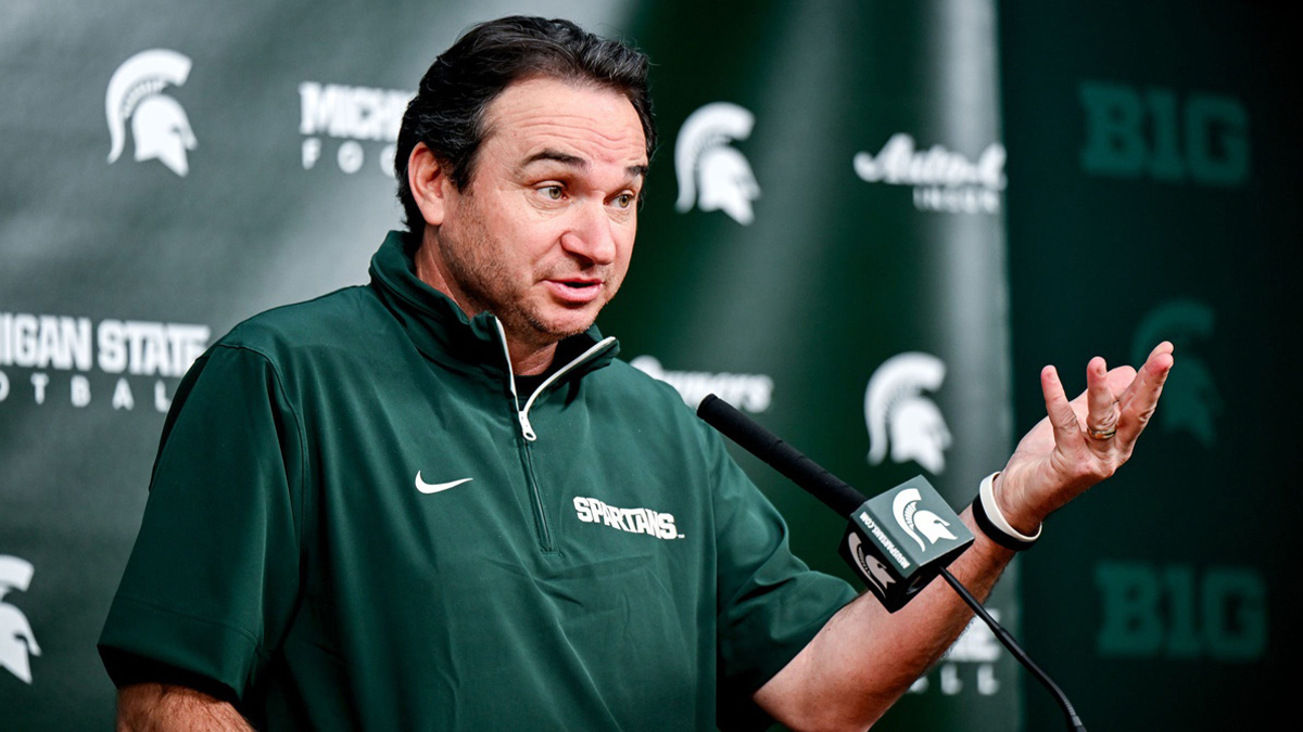 Michigan State coach Jonathan Smith talks the media on the first national signing day for college football recruits Wednesday, Dec. 4, 2024, at Spartan Stadium in East Lansing