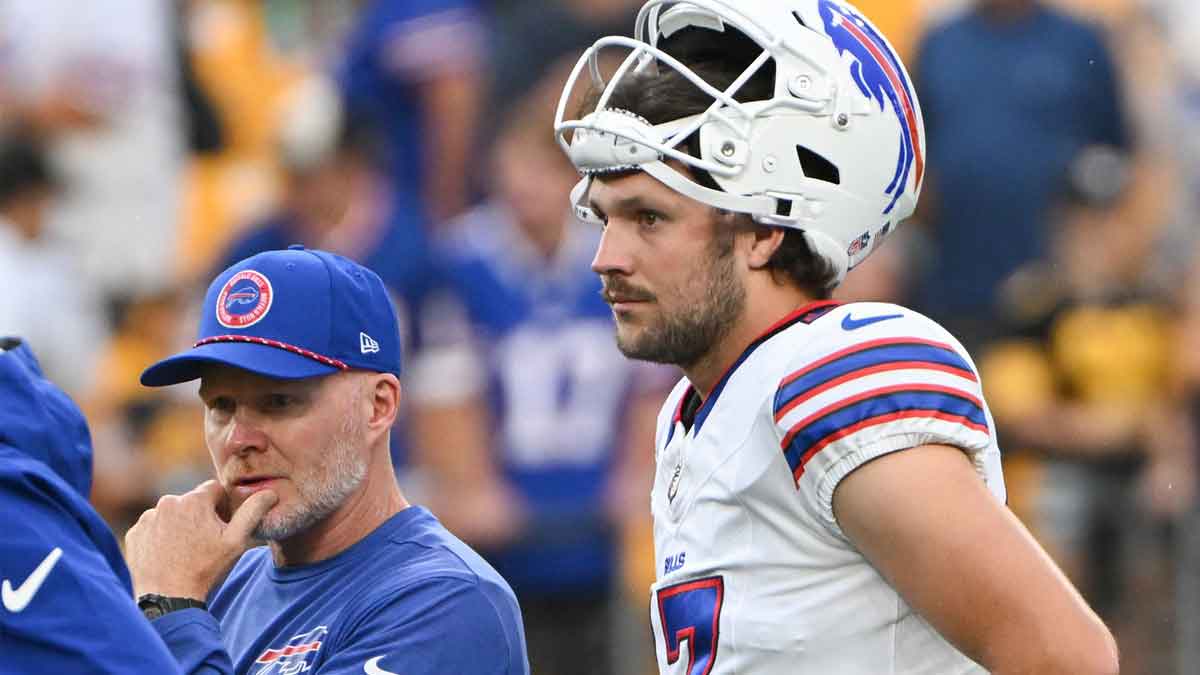 Buffalo Bills quarterback Josh Allen and head coach Sean McDermott warmup against the Pittsburgh Steelers at Acrisure Stadium.