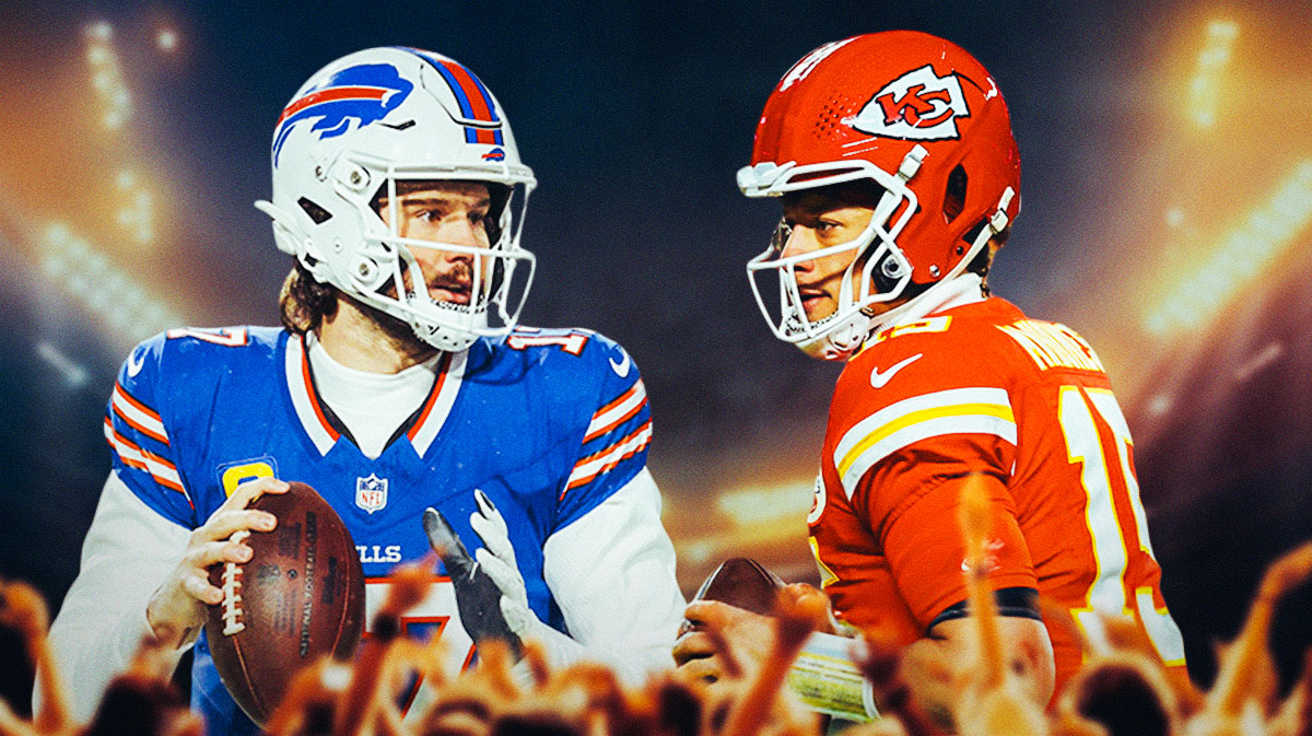 Bills QB Josh Allen looking at Chiefs QB Patrick Mahomes.